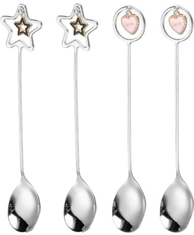 WUSJCOF 4 pièces Cuillères à Expresso en Acier Inoxydable, Lavable au Lave-Vaisselle, Formes Cœur et Étoile, Cuillères à Café, Petite Cuillère à Café, Cuillère à Thé, Mini Cuillere 10,4 cm (Argent)