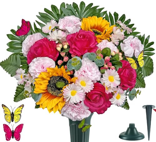 MUVIC Konstgjorda kyrkogårdsblommor – minnesblommor bukett med vas för utomhus gravdekorationer, sympati blomma – realistisk livlig rosa/solros/hyacint