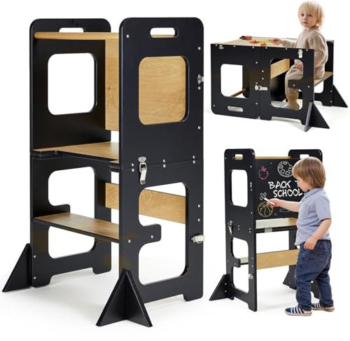 STEPSAFE Torre Montessori para niños, Torre de aprendizaje con pizarra, 3 en 1 plegable Torre de aprendizaje, Multifuncional Torre de aprendizaje para niños mayores de 1 año (negro)