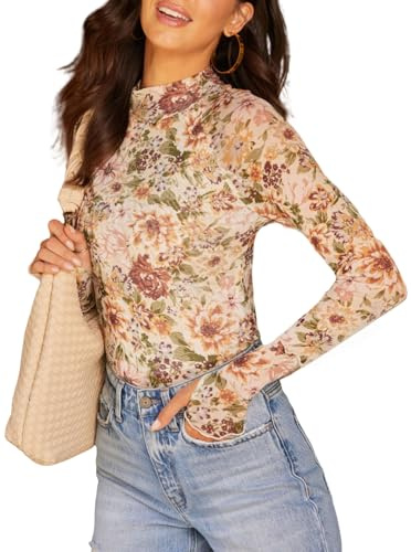 Dressmine Long Sleeve Mesh Tops for Women Floral Tshirt Mock Neck See Through Top Thumb Hole 2025 Sheer Undershirt Beige M