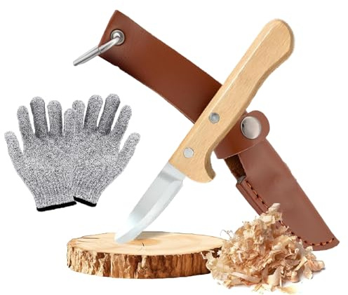 Yoaeyok Coltello da Intaglio per Bambini, Coltellini in Acciaio Inossidabile per bambini con Fodero in Pelle e Guanti Antitaglio Inclusi, Utensili da Intaglio Coltello da Outdoor