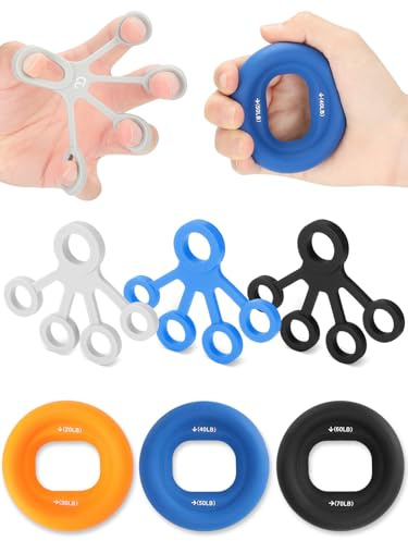 Cozary Hand Grip y Ejercitador de Antebrazo, 6 Piezas - Kit de Fuerza de Agarre con 3 Anillos y 3 Bandas de Resistencia Progresiva a Color - para Entrenamiento en Casa, Escalada y Fortalecimiento