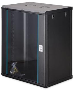 DIGITUS Armario de Red – 19 Pulgadas, 16U – Sin Montar – Dynamic-N – Negro | 450 mm de profundidad – 320 mm de profundidad útil – Montaje en pared – Capacidad de carga de 60 kg – Puerta de cristal
