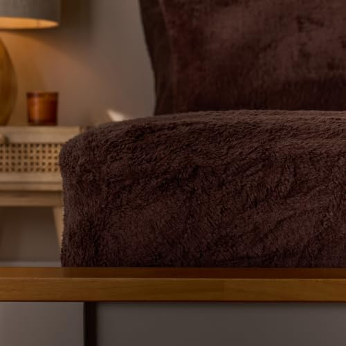 Brentfords Teddy Fitted Sheet Fleece Bedding King Size Teddy Fleece, Coffee | Machine Washable Deep Elasticated Edge Cosy Winter Warmer Bedroom Essential