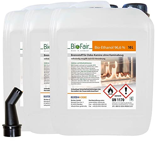 BioFair Bioethanol 96,6% für Bioethanolkamin, Ethanol Tischkamin, Wandkamin Indoor - 3 x 10 Liter