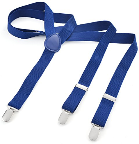 Bretelles de pantalon pour femme ou homme - Longues bretelles élastiques en Y avec 3 clips de couleur unie - bleu - One Size