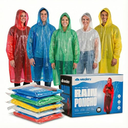 Wealers Rain Poncho Bulk Family Pack Thick Disposable Ponchos for Adults Teens for Women Men Emergency Raincoat with Hood Strings & Sleeves for Theme Parks Camping Outdoors Multi Colors Waterproof