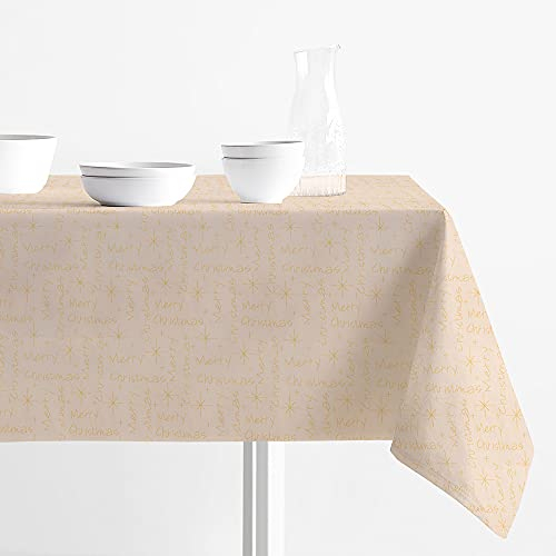 INTRECCI Tovaglia Antimacchia Rettangolare Natale Jacquard Lurex Disponibile in più Colori e Misure, Tovaglia Merry Christmas Natalizia Resistente Alle Macchie (Oro, 140x180 cm)