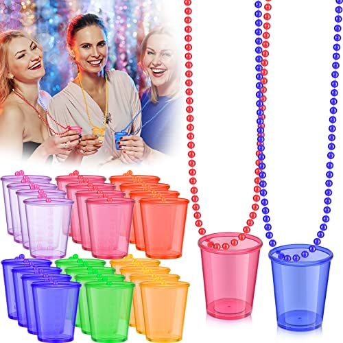 Hinly 48 Packs Shot Glass Beaded Necklace Bulk, 2 oz Fun Plastic Shot Glass Cups Ornament for Birthday Bachelorette Drinking Party, 6 Colors