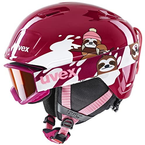 uvex heyya Set - Skihelm inkl. Skibrille für Kinder - individuelle Größenanpassung - konstrastverstärkend - Berry - White Sloth - 51-55 cm