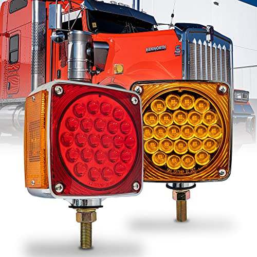 TRUE MODS Square 50 LED Pedestal Fender Light Set for 80 Wide Semi-Truck [DOT FMVSS-108] [SAE S2T2I6P / AP2][Single Stud] Amber/Red Fender Mount Light Kenworth International Peterbilt Freightliner