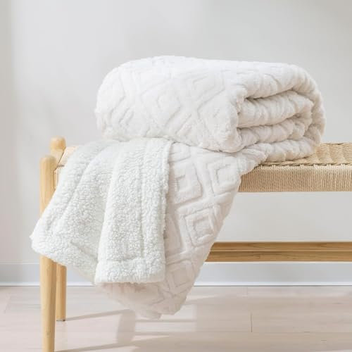 RECYCO EVERGRACE Boho Wohndecke und Kuscheldecke Sherpa Decke 150x200, XL Groß Weich Warm Flauschig Dick Decke/Fleecedecke/Couch Wohnzimmerdecke/Sofadecke für Bett Sofa Couch Wohnzimmer, Weiß