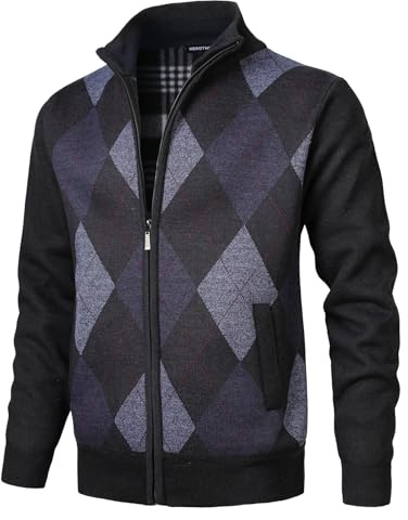 Herothorn Men's Argyle Cardigan Classic Full Zip Diamond Knitwear Fleece Lined Jumper Fine Knit Sweater with Pockets for Autumn Winter Dark Grey