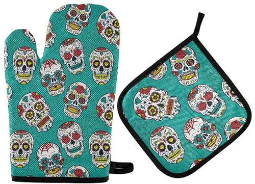 Sugar Skull Oven Mitts Pot Holder Set Day of The Dead Mexican Kitchen Decor Cooking Stove Gloves Heat Resistant Hot Pads Recycled for BBQ Baking Grilling