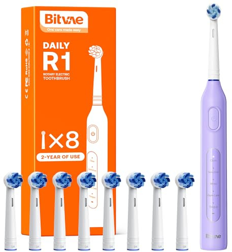 Bitvae R1 Rotating Electric Toothbrush with 8 Brush Heads for Adults and Kids, 60-Day Battery Life, 5 Modes Rechargeable Power Toothbrush with 2-Minute Smart Timer, Purple