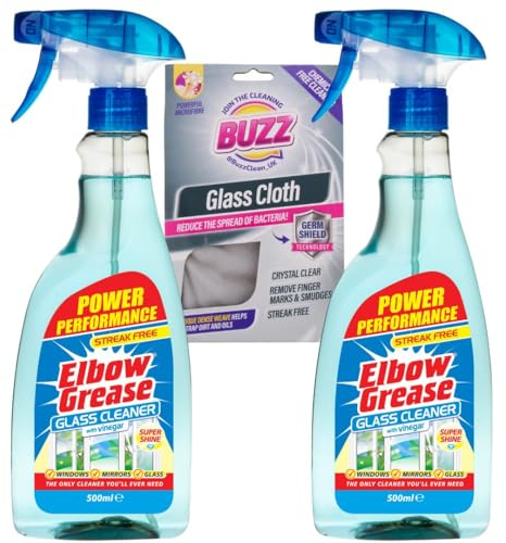 Elbow Grease Spray Window Cleaner With Vinegar 500ml Glass Cleaner Mirror Cleaner 2 Pack PLUS Premium Streak Free Glass Cleaning Cloth