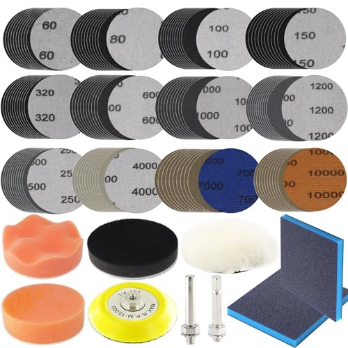 120pcs Sand Paper 3 Inch Sanding Disc Grit 60-10000 Wet Dry Sandpaper with 1/4 Shank Backer Plate and Sanding Sponge and Soft Foam Buffering Pad Drill Sanding Attachment