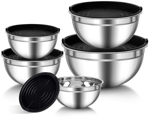 Zanfqvo Rührschüssel 5er Set, Edelstahl Salatschüssel mit Deckel, Größe 0.7L/ 1.1L/ 1.5L/ 2.7L/ 4.5L, Stapelbar & Spülmaschinenfest, Edelstahl Schüsselset für Küche Kochen, Backen