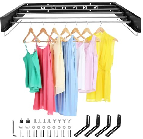 SWAWIS Wäscheständer Wandmontage aus Edelstahl Schwarz 80x40cm, 50kg Tragkraft, Klappbar, Geeignet für Innen Balkon, Platzsparend