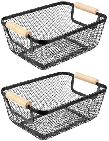 Cestini in Filo, 2PCS Cestino Portaoggetti in Metallo con Manici in Legno Organizer da Appendere Multifunzionali in Rete Metallica Cestini per Ripiani per Cucina Dispensa Bagno Camera da Letto