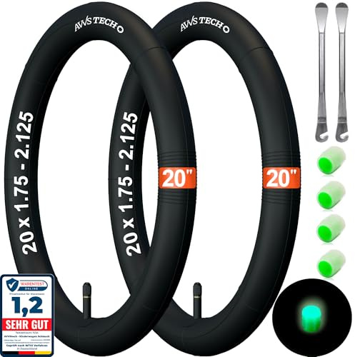 Fahrradschlauch 20 Zoll | 20x1.75-2.125 (47/62-406) Premium-Set Butyl Schlauch 20 Autoventil AV 32 für Kinderfahrrad, BMX, Klapprad, Fahrradanhänger, Faltreifen & Anhänger inkl. 2 Montierhebel