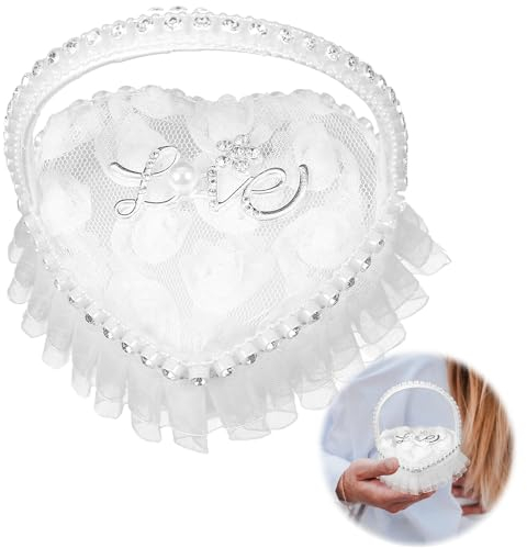 QIUMING Schleife Ringhalter in Herzform Hochzeit Deko Strass Ring Kissen Für Trauung Zeremonie Ringkissen Hochzeit Herzform für Verlobung Oder Eheringe (Love)