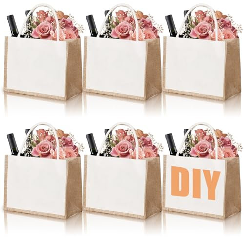 YAYODS 6 Stück Jutetasche Shopper - 35x15x27CM Jute Tote Bag für Rentner Geschenk Frau, Personalisierte Jute Tasche zum Plotten - Wiederverwendbare Jute-Geschenktaschen mit Griffen für DIY, Hochzeit