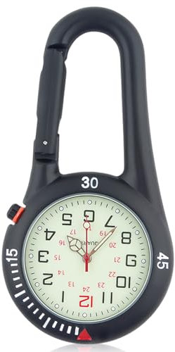 GOMETY Taschenuhr Schwesternuhr mit Karabiner, Clip Karabineruhr mit Leuchtendes, Kalender, Woche, Wecker, Kompass, Digital Uhr Analog Quarzuhr für Krankenschwestern Ärzte (Schwarz)