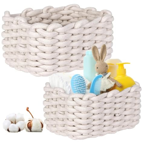 2 cestas de almacenamiento de algodón, cuerda de algodón trenzada, cestas de almacenamiento, organizador, cesta de almacenamiento para habitación infantil, salón, baño, diámetro 27 x alto 17 cm +