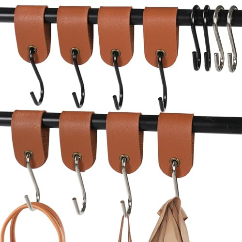 Samulee Lot de 8 Crochet S avec Boucle en Cuir et 4 Crochet Metal de 6cm,Rangement Facile, Multifonctions Crochet Suspension pour La Cuisine, Extérieur, Jardin, Crochet (Marron)
