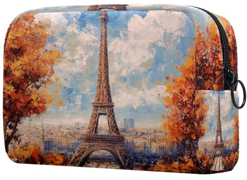 Borsa per cosmetici da donna, con motivo a torre con pittura a olio, motivo alberi di acero, per articoli da toeletta da viaggio, grande, pratica borsa organizer con cerniera, Multi, 18.5x7.5x13cm