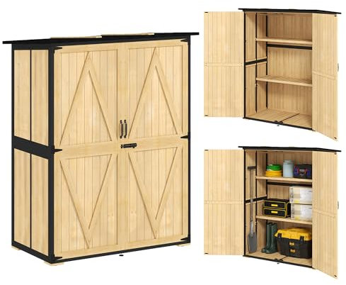 Outsunny Armoire de jardin en bois résistant aux intempéries avec 2 portes, étagères, abri à outils avec toit en asphalte, armoire à outils pour jardin, terrasse, 140 x 74 x 173 cm, bois naturel