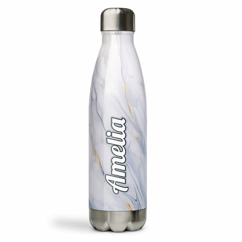 iCaseDesigner Personalised Marble Stainless Steel 500ml Water Bottle, Vacuum Insulated for Hot and Cold Drinks. Leakproof Double Wall. Drinking for Gym, Kids, Sports, Travel - Blue White Name