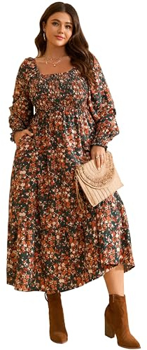 Women's Floral Maxi Dress 2025 Spring Long Sleeve Square Neck Smocked Casual A Line Long Flowy Boho Party Dresses with Pockets Plus Size Green Floral Print XL