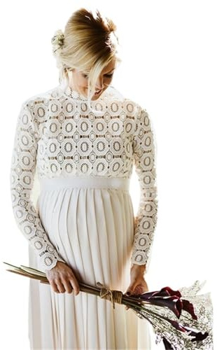 AHUFGN Vestiti Premaman Abito da Sera Premaman Bianco for Baby Shower, Foto di Sessioni di Gravidanza, Elegante Abito Lungo con Spacco Traforato A Maniche Lunghe Premama da Donna(S)