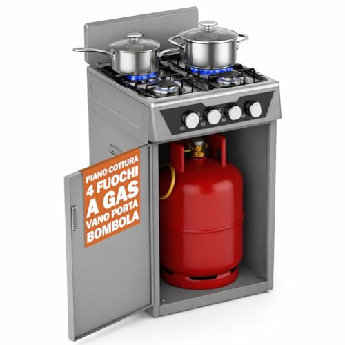 BAKAJI Cucina da Esterno con Piano Cottura 4 Fuochi a Gas, Mobile con Vano Portabombola Integrato Ideale per Esterni e Interni, Struttura Salvaspazio Robusta e Compatta con Paravento (Grigio)