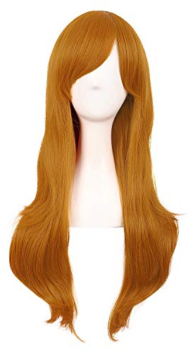 MapofBeauty 28 Pouces / 70cm Femmes Side Bangs Longs Cheveux Bouclés Cosplay Perruques (D'or Orrange)