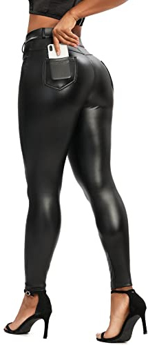 RIOJOY Legging en Cuir synthétique pour Femme Taille Haute Push Up Pantalon Sexy en Similicuir