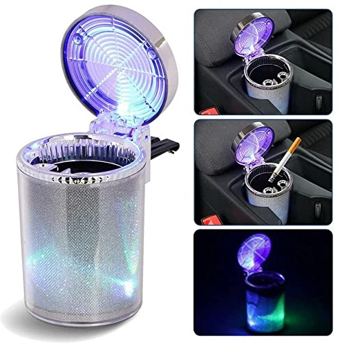 Bosaidong Car Ashtray, Auto Ashtray With LED Light, Mini Car Trash Can, Portable Ashtray with Lid Suitable for Most Vehicles, Silver