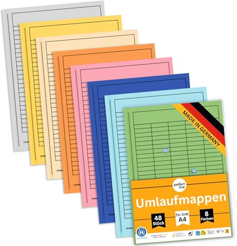perfect line - 48 cartelle circolanti DIN A4 in 8 colori – Cartone riciclato 250 g/m², certificato Blauer Engel, Made in Germany – con stampa a griglia e fori di visualizzazione – Cartelline documenti