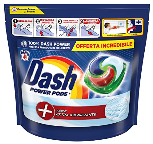 Dash Power Pods Detersivo Lavatrice In Capsule, 49 Lavaggi, Azione Extra-Igienizzante, Contro Sporco E Batteri, Efficace Anche A Freddo E In Cicli Brevi