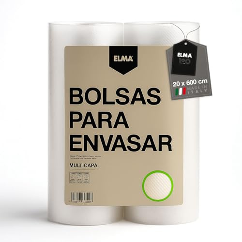 Rollos para Envasar al Vacío Alimentos, Bolsas Envasar al Vacío Alimentos | Sistema Gofrado, Diseño Multicapa, Sin BPA, Fabricación Italiana | 20 x 600 cm, 2 Unidades