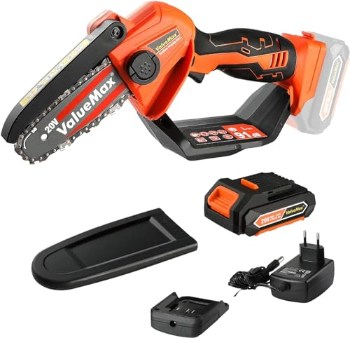 ValueMax Mini Motosierra con Batería 20 V, Motosierra 11 cm, Motosierra Eléctrica de Mano, Bloqueo de Seguridad para árboles, Ramas, Jardín