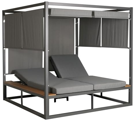 Mendler Aluminium Lounge-Gartenliege HWC-M63, Sonnenliege Bali-Liege Doppelliege Outdoor-Bett Daybed, 10cm-Polster - hellgrau