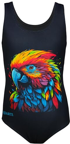 Aquarti Badeanzug Mädchen – Sportlicher Mädchen Badeanzug mit Ringerrücken Print, Farbe: Papagei/Schwarz, Größe: 164
