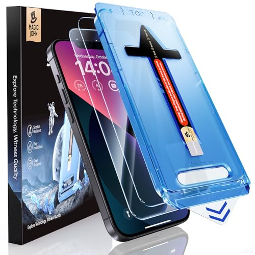 MAGIC JOHN Protector Pantalla para iPhone 13/13Pro/14/16e/17e, 2 Unidades, Cristal Templado 9H+, Alineación Automática para Una Instalación Rápida, Sin Burbujas, Antigolpes, Antiraya, HD Claro