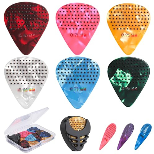 Non-slip Guitar Picks, 0.46 0.71 0.96mm Includes Thin Medium Heavy Guitar Picks,15pcs Variety Colorful Celluloid Plectrums with Guitar Picks Holder and Storage Case (15)