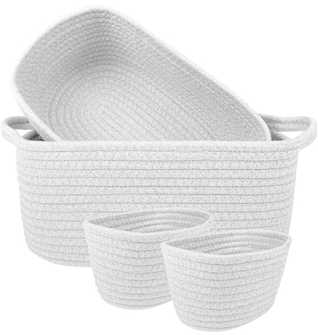 Set 4 Cestini Grandi In Corda Di Cotone Portaoggetti Moderni Tinta Unita Design Elegante Contenitori Impilabili Organizzazione Cestino Bagno Porta Lavette Accessori Stoccaggio - AnchorageBianco