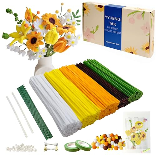 YYUENG TAK Scovolini per bouquet di girasole per artigianato,scovolini Ciniglia,set da 500 pezzi di scovolini colorati per lavoretti con istruzioni,5 colori (marrone,giallo oro,giallo,bianco,verde)