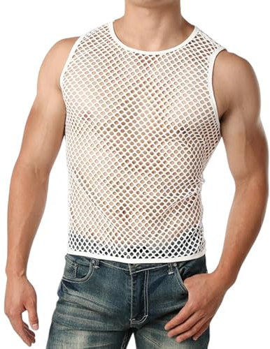 TUONYIS Herren Netzstruktur Sexy Transparent T-Shirt Tank Top Muskel Netzhemd ärmellos für Disco Party Kostüm Streetstyle (Weiß)